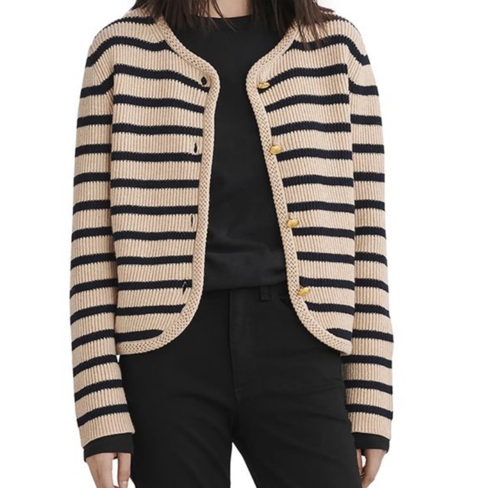 Rag & Bone Nancy Wool Cardigan Navy Beige Cable Trim Gold Button XS